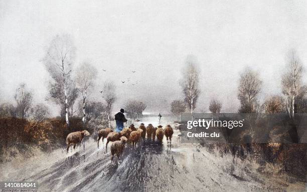 homecoming of the shepherd and his herd - shepherd stock illustrations