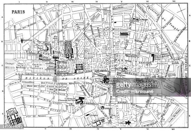 old chromolithograph map of revolutionary paris, france - map paris photos et images de collection
