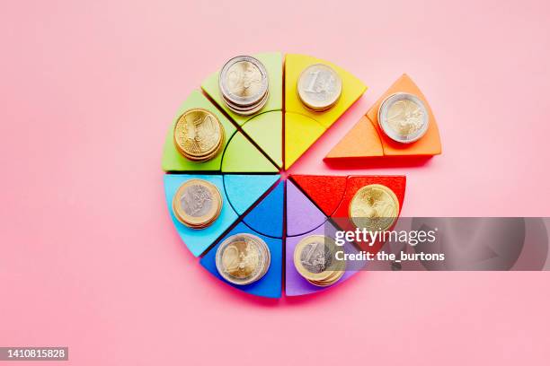 pie chart made of colorful building blocks and stacks of euro coins on pink background - bargeld euro stock-fotos und bilder