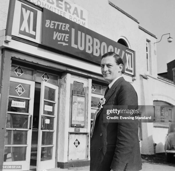 British politician Eric Lubbock , Liberal Party candidate in the Orpington by-election, outside his campaign office in Orpington, Kent, England, 9th...