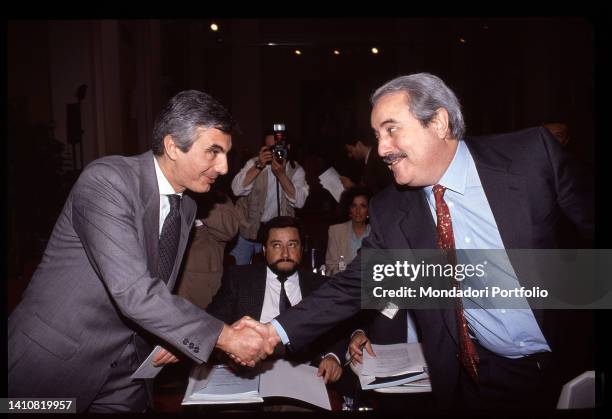 Italian magistrate Giovanni Falcone together with the Head of the Anti-Mafia Investigation Department Gianni De Gennaro. Rome , May 12th, 1992