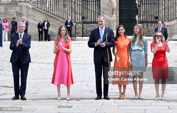 Princess Leonor of Spain, King Felipe VI of Spain, Queen Letizia of Spain, Princess Sofia of Spain and guest as they depart the national offering to...