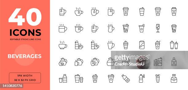 beverages editable stroke line icons - coffee cup stock illustrations