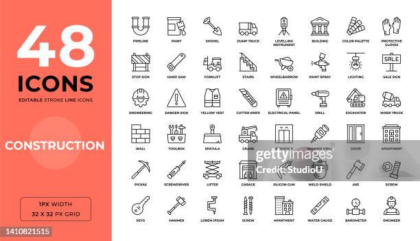 construction editable stroke line icons - hand saw stock illustrations