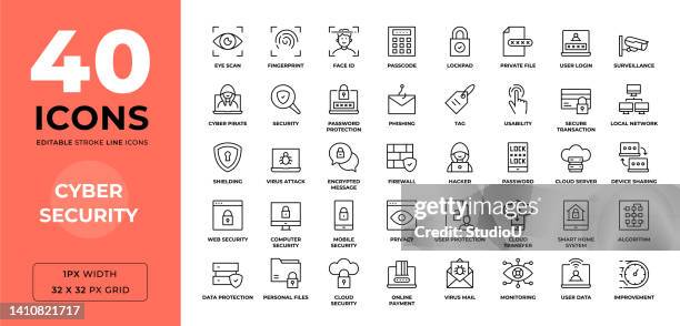 cyber security editable stroke line icons - personal data stock illustrations