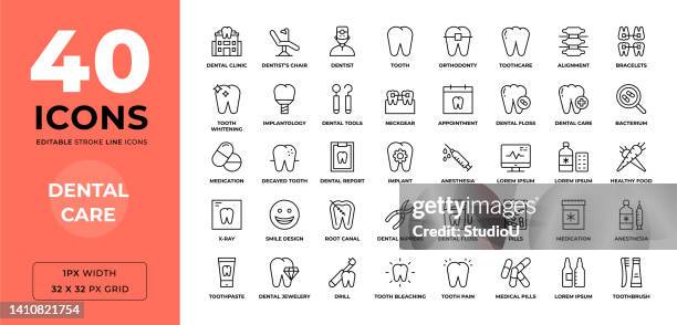 stockillustraties, clipart, cartoons en iconen met dental health editable stroke line icons - wortelkanaal