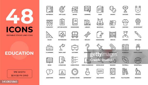 bearbeitbare konturliniensymbole für bildungseinrichtungen - scientific literature stock-grafiken, -clipart, -cartoons und -symbole