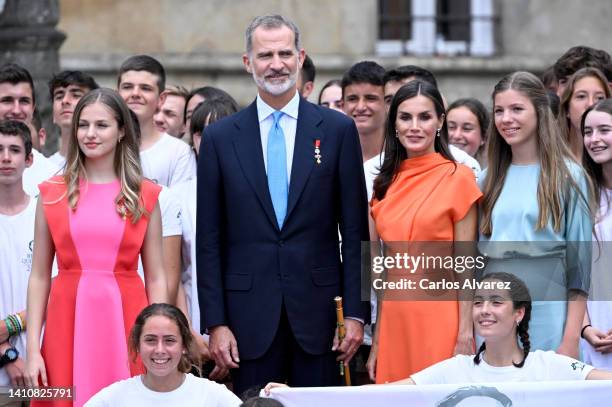 Princess Leonor of Spain, King Felipe VI of Spain, Queen Letizia of Spain and Princess Sofia of Spain pose with guests as they depart the national...