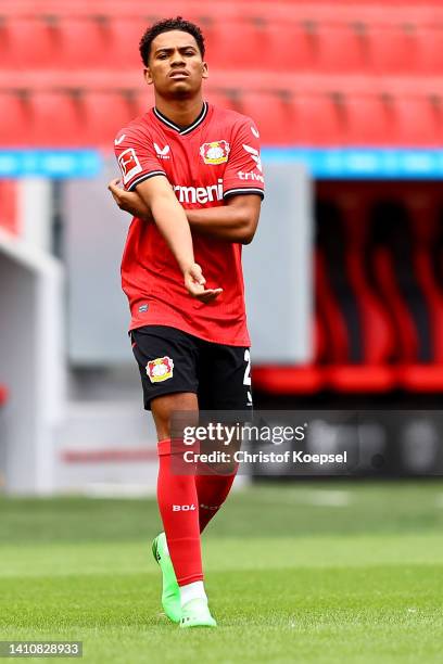 Timothy Fosu-Mensah of Bayer 04 Leverkusen on the way to the team presentation at BayArena on July 25, 2022 in Leverkusen, Germany.