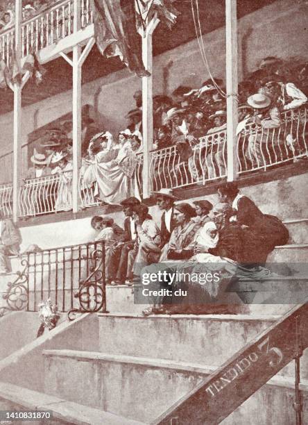 spectators during a bullfight look spellbound at the battle - bullfight stock illustrations