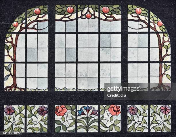 buntes blumenfenster - decorative art stock-grafiken, -clipart, -cartoons und -symbole