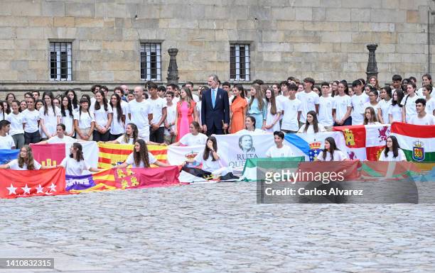 Princess Leonor of Spain, King Felipe VI of Spain, Queen Letizia of Spain and Princess Sofia of Spain pose with guests as they depart the national...