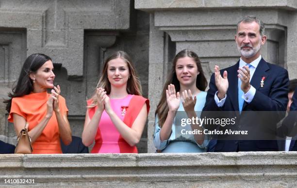 Queen Letizia of Spain, Princess Leonor of Spain, Princess Sofia of Spain and King Felipe VI of Spain as they depart the national offering to the...