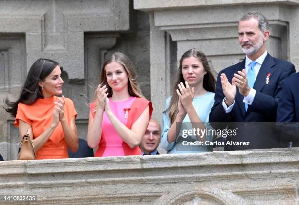 Queen Letizia of Spain, Princess Leonor of Spain, Princess Sofia of Spain and King Felipe VI of Spain as they depart the national offering to the...