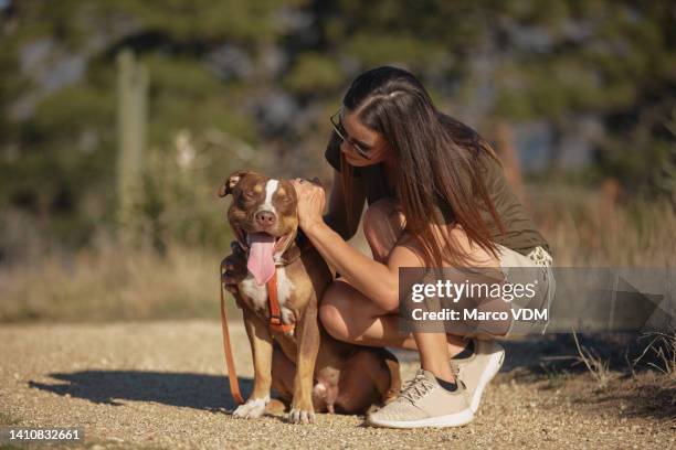 a young woman petting her dog while talking it out for a walk in a park. a pet owner kneeling down and rubbing her cute pitbull head while resting from a walk in nature on a sunny day in a forest - african pit bull stock pictures, royalty-free photos & images