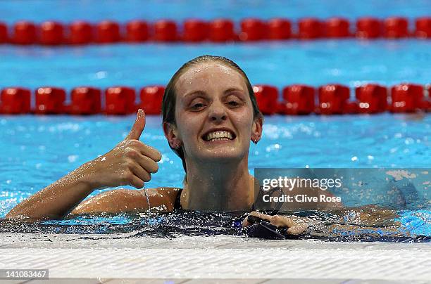 Francesca Halsall of Loughborough University S & WPC gives the thumbs up after winning the Women’s 50m Freestyle Final during day eight of the...