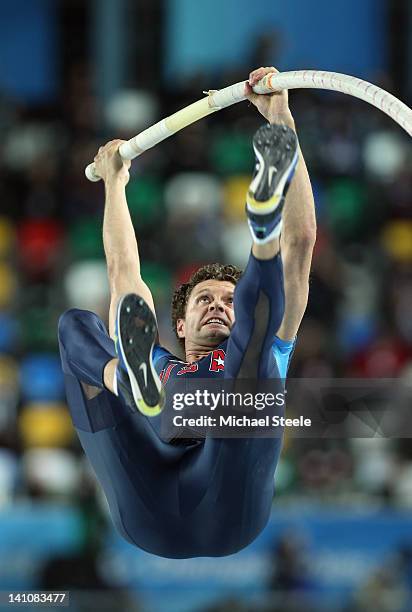 Brad Walker of the United States competes in the Men's Pole Vault Final during day two of the 14th IAAF World Indoor Championships at the Atakoy...