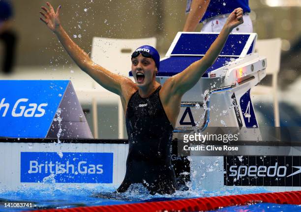 Francesca Halsall of Loughborough University S & WPC looks at the scoreboard after winning the Women’s 50m Freestyle Final during day eight of the...