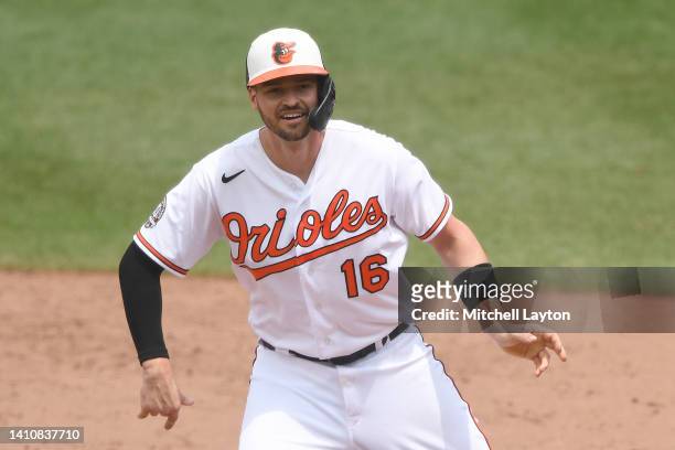 Trey Mancini of the Baltimore Orioles leads off first base during a baseball game against the Los Angeles Angels at Oriole Park at Camden Yards on...