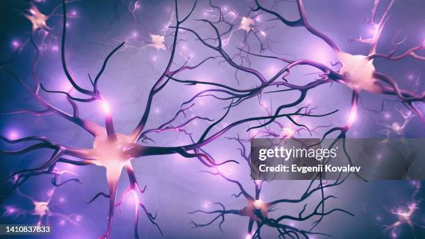 visualization of neurons and neural network with signals - cérebro imagens e fotografias de stock