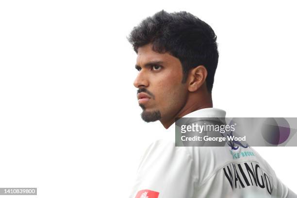 Washington Sundar of Lancashire looks on prior to the LV= Insurance County Championship match between Lancashire and Kent at Emirates Old Trafford on...