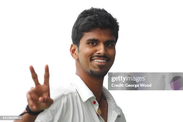 Washington Sundar of Lancashire reacts prior to the LV= Insurance County Championship match between Lancashire and Kent at Emirates Old Trafford on...