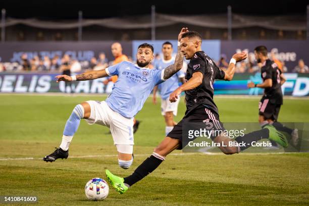 Valentin Castellanos of New York City FC tries to get the ball as Kieran Gibbs of Inter Miami CF clears the ball in the first half of the Major...