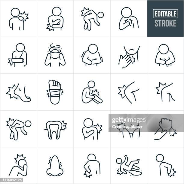 ilustraciones, imágenes clip art, dibujos animados e iconos de stock de iconos de línea delgada de dolor e incomodidad - trazo editable - physical injury