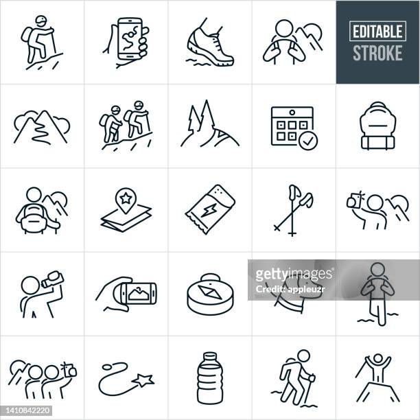hiking thin line icons - editable stroke - backpack icon stock illustrations