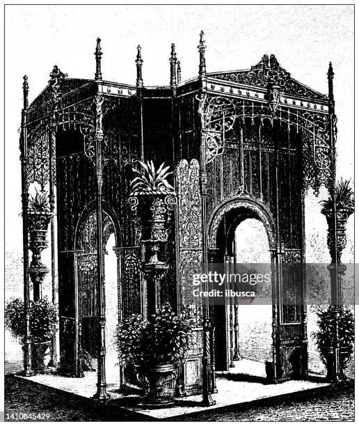 antique illustration: constructions and architecture: cast iron garden pavilion - pavilion stock illustrations