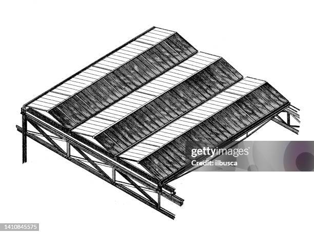 antique illustration: constructions and architecture: glass roof - tile roof stock illustrations