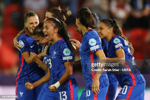 Selma Bacha of France reacts after teammate Eve Perisset scored their team's first goal during the UEFA Women's Euro England 2022 Quarter Final match...