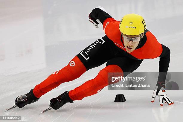 Olivier Jean of Canada competes in the Men's 500m Preliminaries during day two of the ISU World Short Track Speed Skating Championships at the...