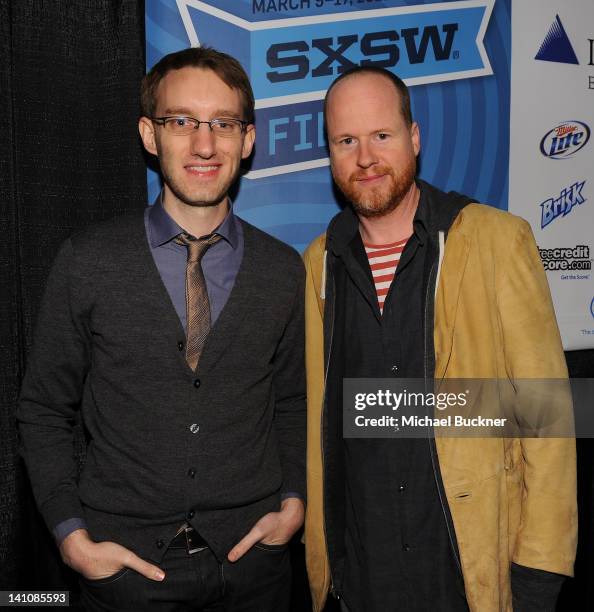 Entertaiment Weekly's Adam B. Vary and filmmaker Joss Whedon pose for a photo in the Green Room for the "A Conversation with Joss Whedon" Panel at...