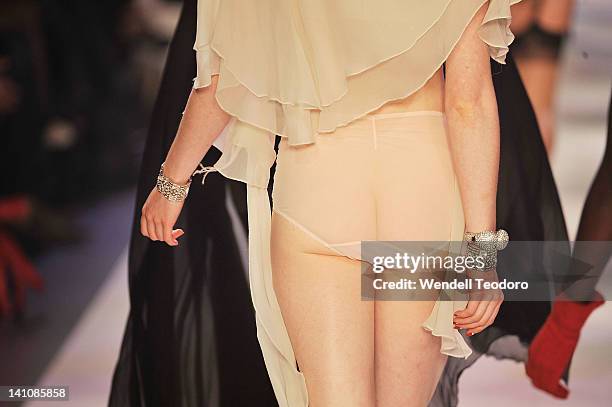 Model showcases a design by Von Follies by Dita Von Teese during the Von Follies show on day three of the 2012 L'Oreal Melbourne Fashion Festival on...