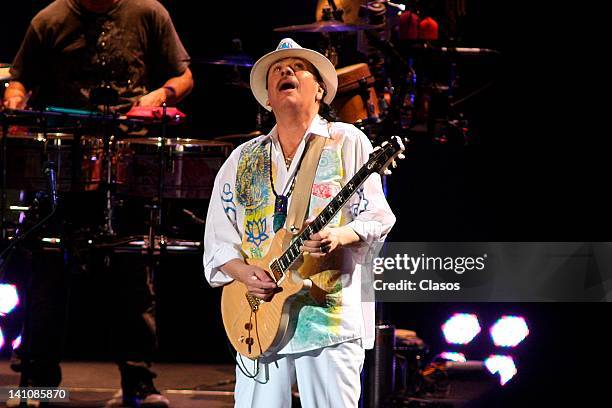 Carlos Santana sing during his concert at the Auditorio Telmex on March 07, 2012 in Zapopan, Mexico.