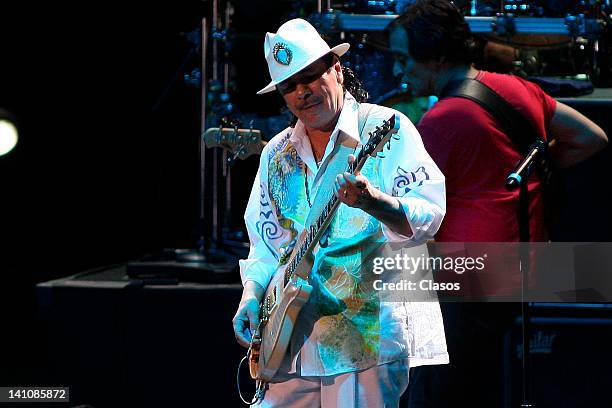 Carlos Santana sing during his concert at the Auditorio Telmex on March 07, 2012 in Zapopan, Mexico.