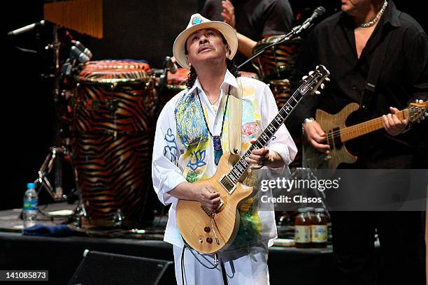 Carlos Santana sing during his concert at the Auditorio Telmex on March 07, 2012 in Zapopan, Mexico.