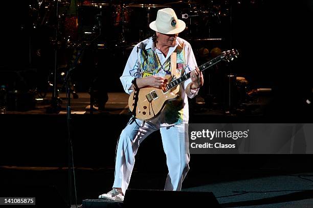 Carlos Santana sing during his concert at the Auditorio Telmex on March 07, 2012 in Zapopan, Mexico.