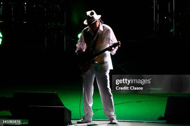 Carlos Santana sing during his concert at the Auditorio Telmex on March 07, 2012 in Zapopan, Mexico.