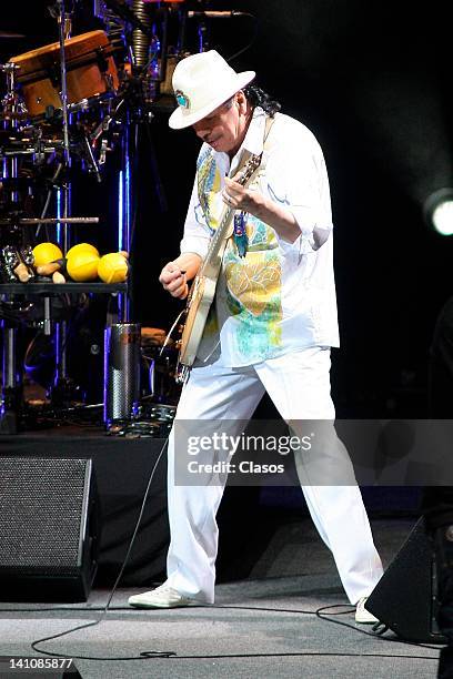 Carlos Santana sing during his concert at the Auditorio Telmex on March 07, 2012 in Zapopan, Mexico.