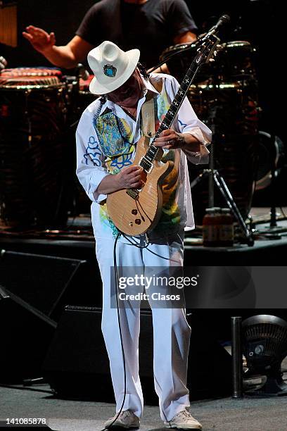 Carlos Santana sing during his concert at the Auditorio Telmex on March 07, 2012 in Zapopan, Mexico.