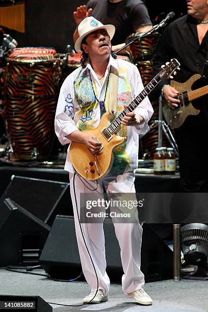 Carlos Santana sing during his concert at the Auditorio Telmex on March 07, 2012 in Zapopan, Mexico.