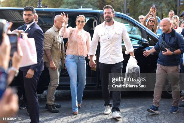 Jennifer Lopez and Ben Affleck arrive at their Hotel on July 25, 2022 in Paris, France.