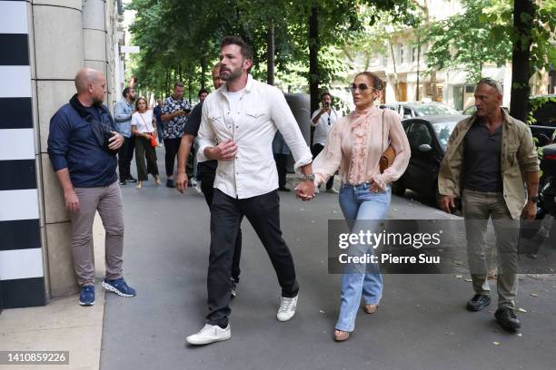 Jennifer Lopez and Ben Affleck are seen at a Sephora store on July 25, 2022 in Paris, France.