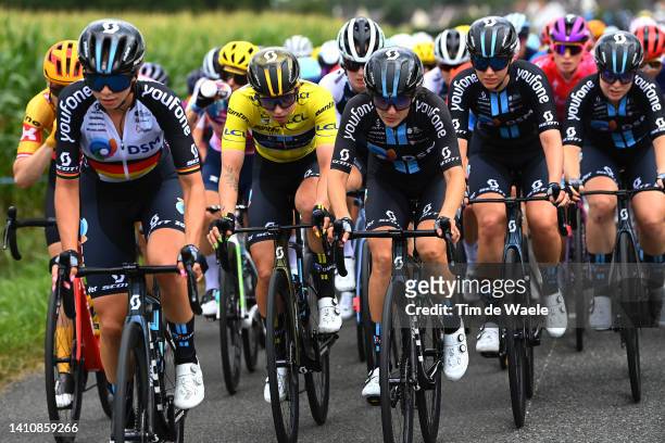 Lorena Wiebes of Netherlands yellow leader jersey, Juliette Labous of France and Pfeiffer Georgi of United Kingdom and Team DSM Women during the 1st...