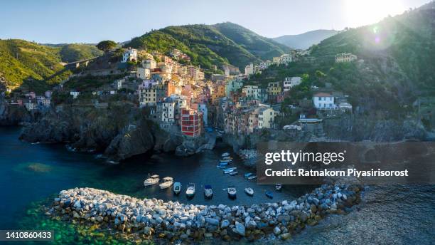 aerial drone view of beautiful city of riomaggiore in liguria, italy - portofino stock pictures, royalty-free photos & images