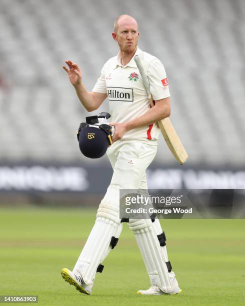 Luke Wells of Lancashire looks dejected after being caught by Jack Leaning of Kent during the LV= Insurance County Championship match between...