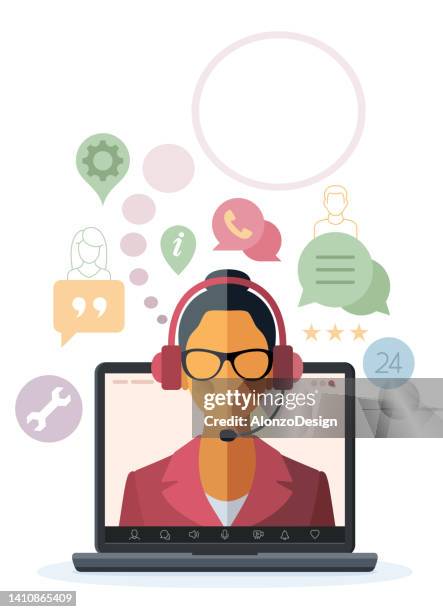 customer service. call center. woman with headphones on laptop screen. - call centre stock illustrations