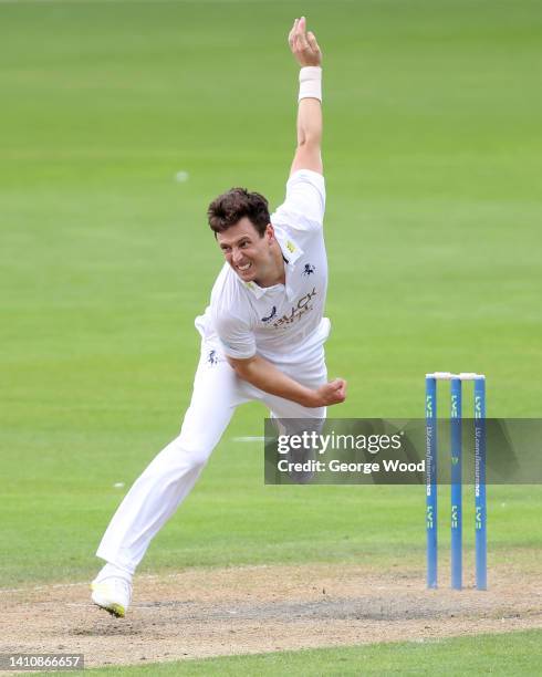 Matt Henry of Kent bowls during the LV= Insurance County Championship match between Lancashire and Kent at Emirates Old Trafford on July 25, 2022 in...